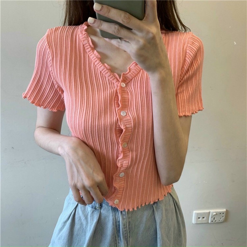 Áo Croptop Nữ Ngắn Tay Cổ chữ V GenY - Áo Kiểu Nữ Ôm Nút Giả Nhiều Màu Chất Thun Gân Mềm Mịn CR-V2 | BigBuy360 - bigbuy360.vn