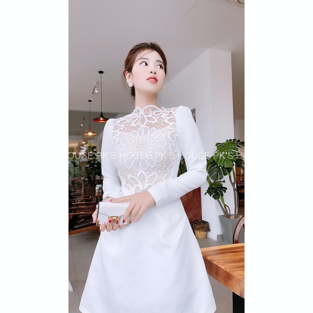 Váy Thiết Kế Dáng Xoè Phối Hoa Ren Ngực V1810, Đầm Thiết Kế Gấm Cao Cấp - PK Official