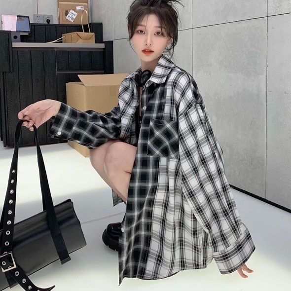 Áo Sơ Mi Tay Dài Dáng Rộng Kẻ Sọc Ca Rô Đen Trắng Kiểu Retro