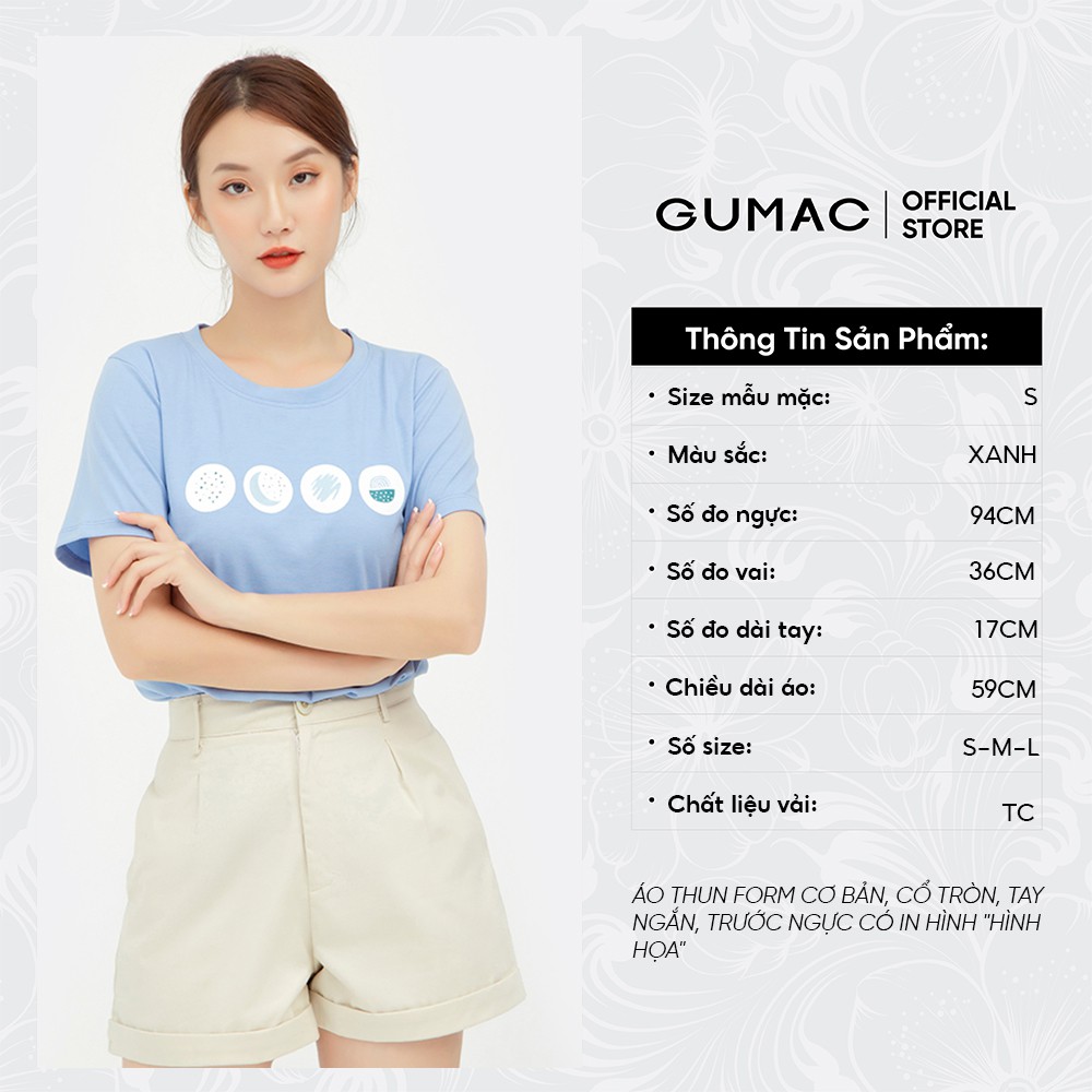 [Mã MABR07062 giảm 8% tối đa 50K đơn từ 249K] Áo thun nữ basic in họa tiết GUMAC màu xanh, tay ngắn năng động ATB553