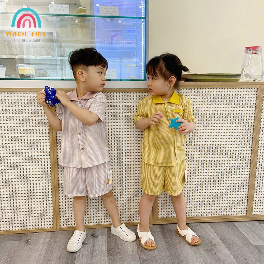 Bộ quần áo cộc tay kẻ caro phong cách Hàn Quốc cho bé trai bé gái từ 8 - 23kg - Thời Trang Bonkids