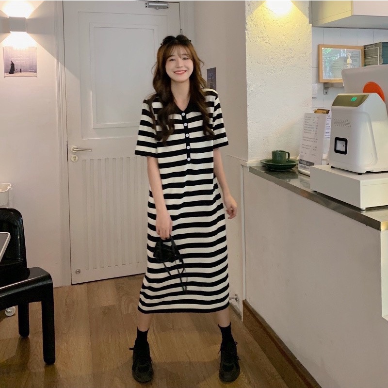 Đầm Len Kẻ Ngang Cổ Bẻ Dáng Dài Siêu Hot