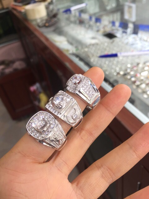 Nhẫn nam đá trắng 5li mặt vuông bạc thật mạ vàng trắng