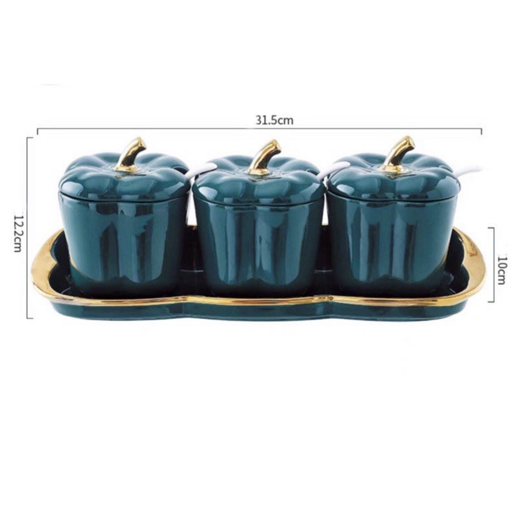 Bộ 3 hũ gia vị bằng sứ hình trái cây viền gold cao cấp