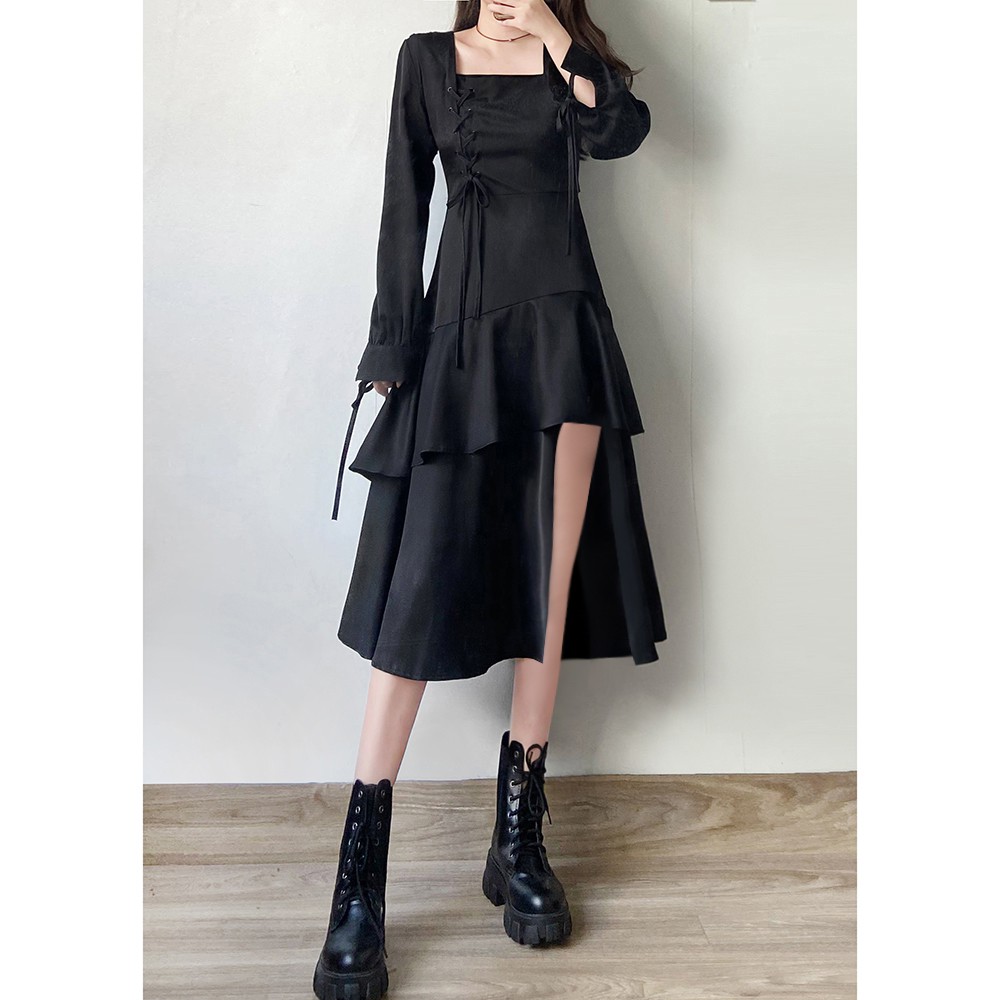 Đầm đen đan dây black gothic vạt lệch siêu cá tính style HQ