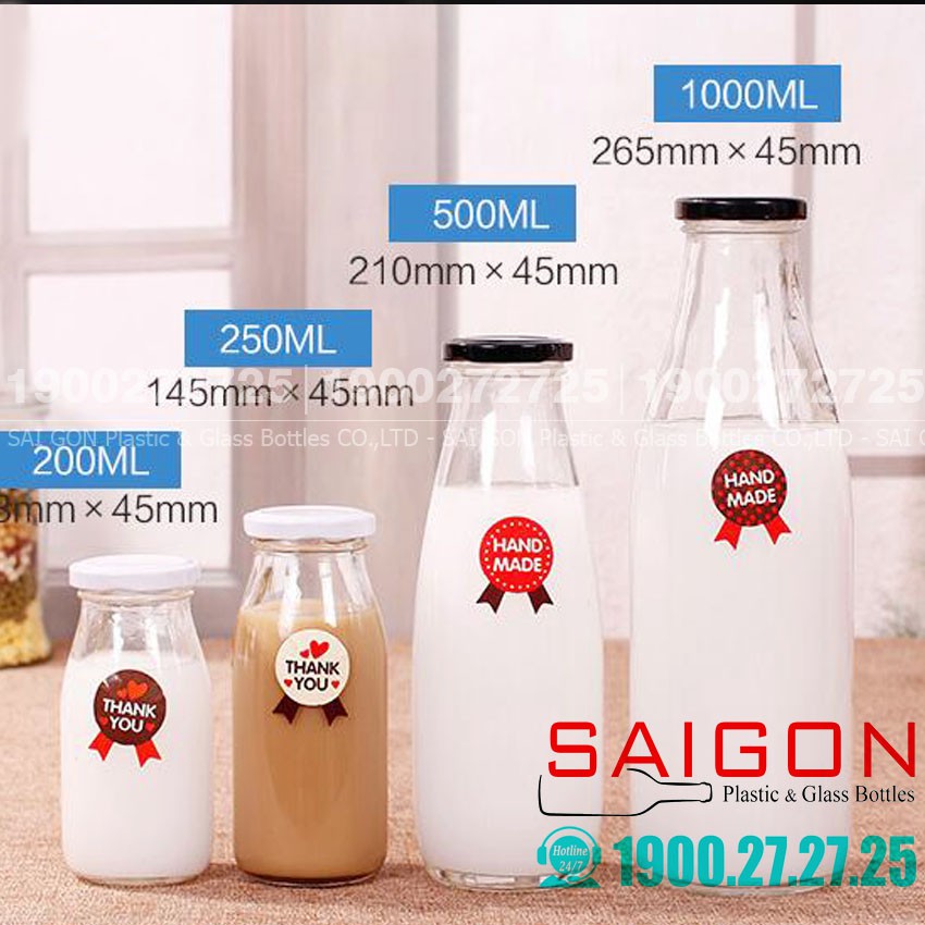 Chai Thủy Tinh Tròn 200ml , 250ml , 500ml , 1000ml nắp thiết