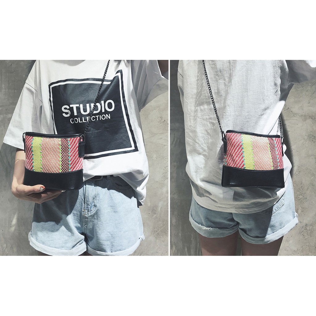 Túi Cói Vân Sọc Phối Da Khóa Kéo Cực Hot