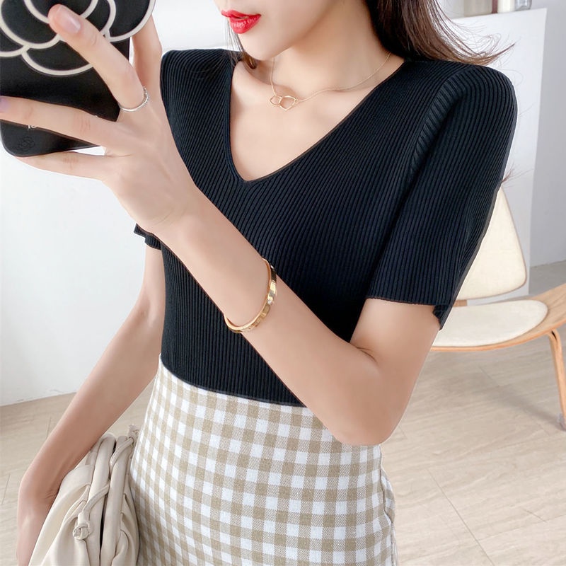 Fashion large size v-neck ice silk sweater bottoming shirt women's short-sleeved T-shirt thin tops