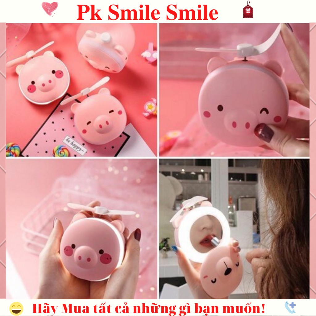 Quạt Gương Mini Hình Con Heo 3in1 Quạt Gương Đèn_Kute và Tiện Lợi