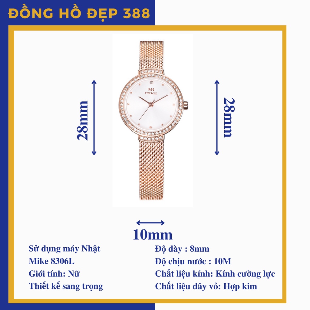 Đồng hồ nữ dây kim loại Mike 8306L mặt tròn chính hãng, chống nước bảo hành 12 tháng
