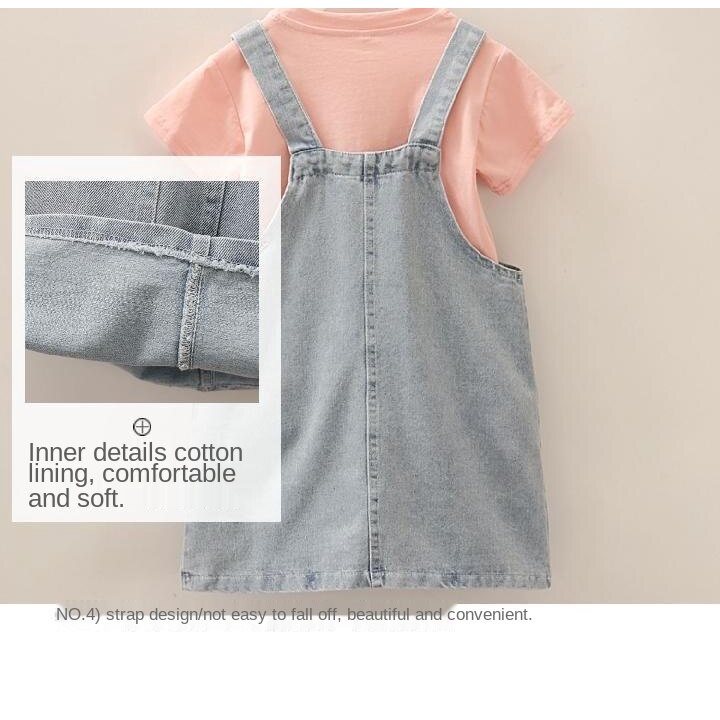 Set Đồ Mùa Hè 2 Món Gồm Áo Thun Tay Cộc In Hình Gấu Kèm Váy Yếm denim Phong Cách Hàn Quốc Mới Cho Bé Gái