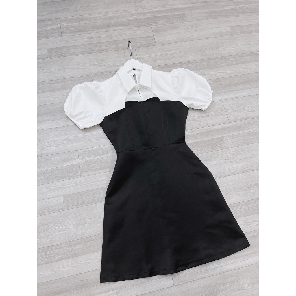 Váy tác ta phối cut out,chất tác ta lên phom mix phối tay bồng cut out chanh xả quyến rũ