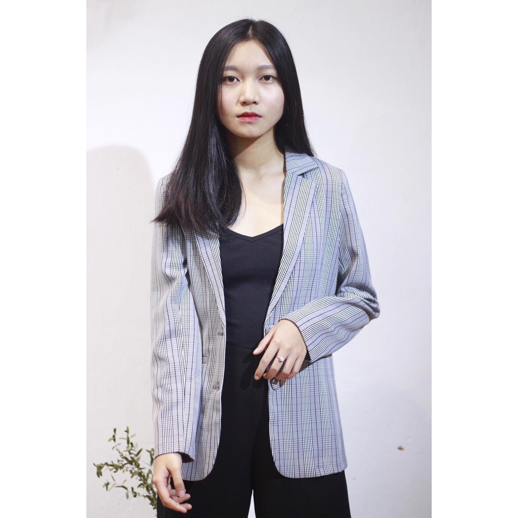 Áo vest blazer nữ KHÀN màu caro xám kẻ trắng áo khoác công sở tay dài 1 lớp phong cách Hàn Quốc