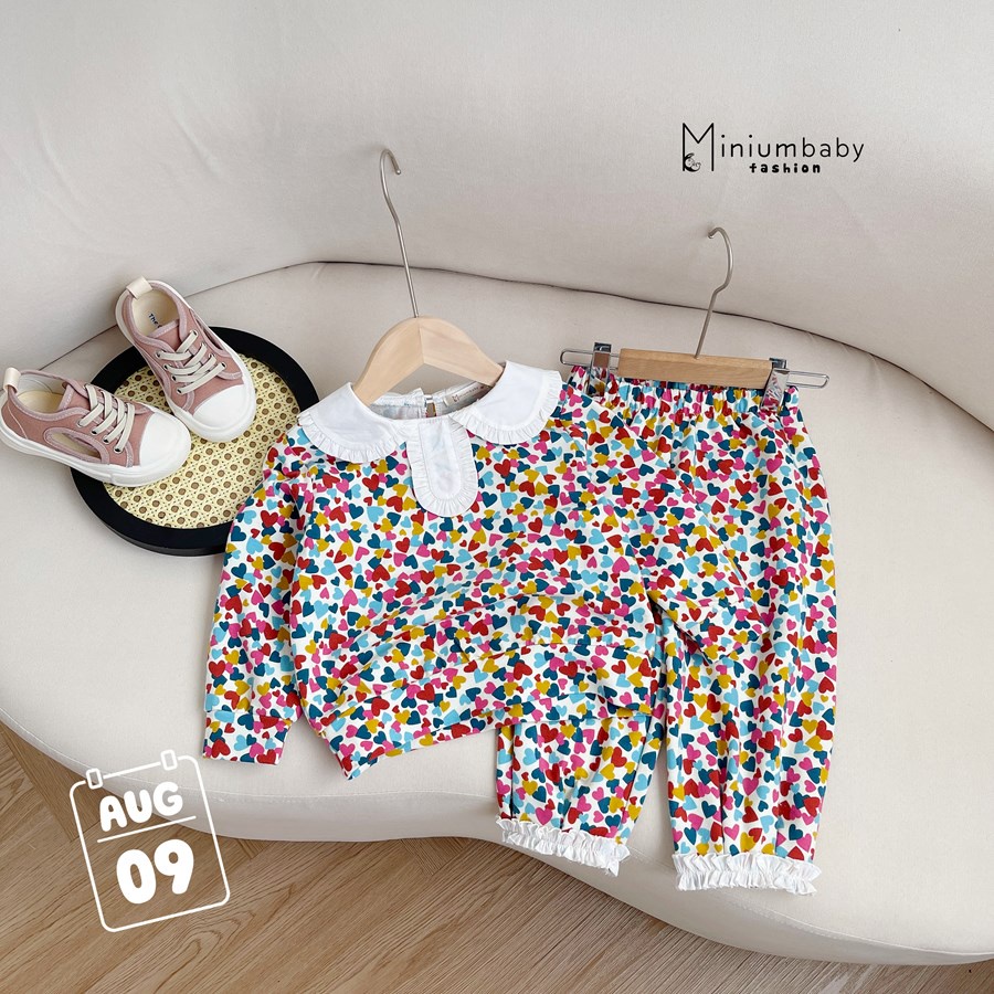 Bộ quần áo cổ sen dài tay bèo ngực thêu hoa cho bé Minium, Bộ quần áo trẻ em cotton thu hè,miniumbabyfashion  SB1400