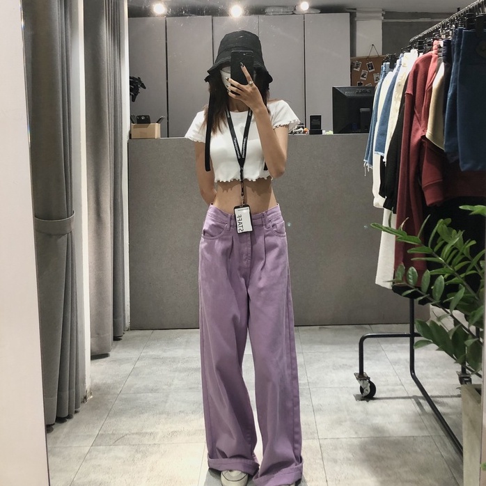 Quần jeans nữ màu tím eo cạp thấp dưới rốn, là min - PURPLE PLEATED JEANS
