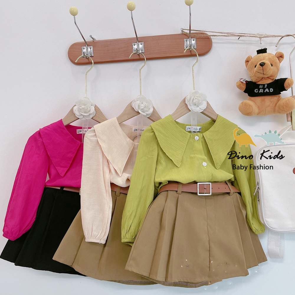Quần áo bé gái, set áo tơ nhăn xịn cổ bản to kèm chân váy xếp ly tặng dây lưng cho bé size 10-35kg