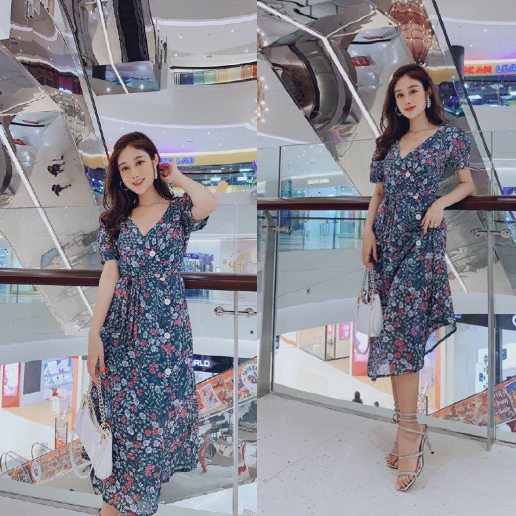 Đầm suông hoa tay con phối nút kèm dây cột so hot phù hợp đi chơi, đi dạo phố đi tiệc - Thời trang VADA (VD131)