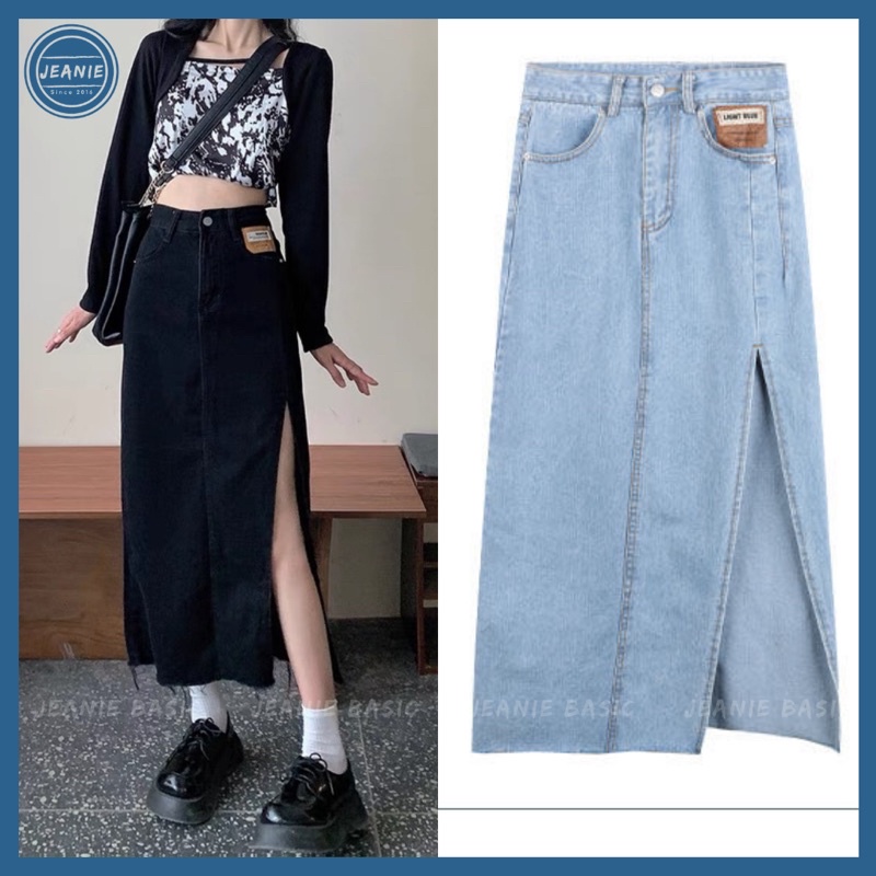 Chân váy jean dài xẻ tà phong cách ulzzang