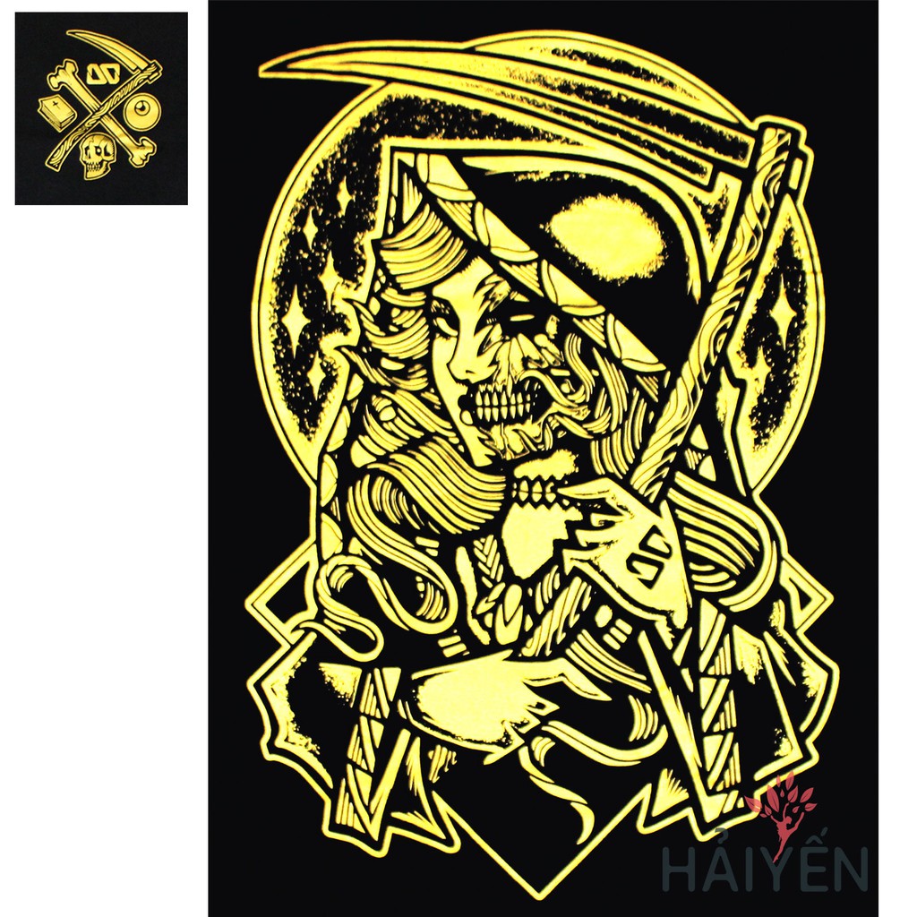 Áo thun OverDose Thái Lan màu đen in logo xương và lưỡi hái trên ngực trái nhũ vàng T0108