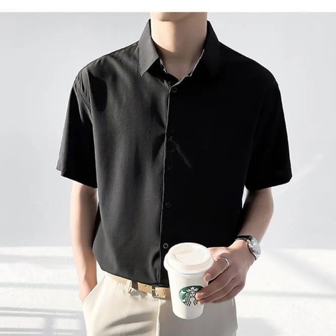 Áo sơ mi ngắn tay nam Form rộng Unisex Basic cổ bẻ, style tuổi teen Hàn Quốc vải lụa dày mềm mịn