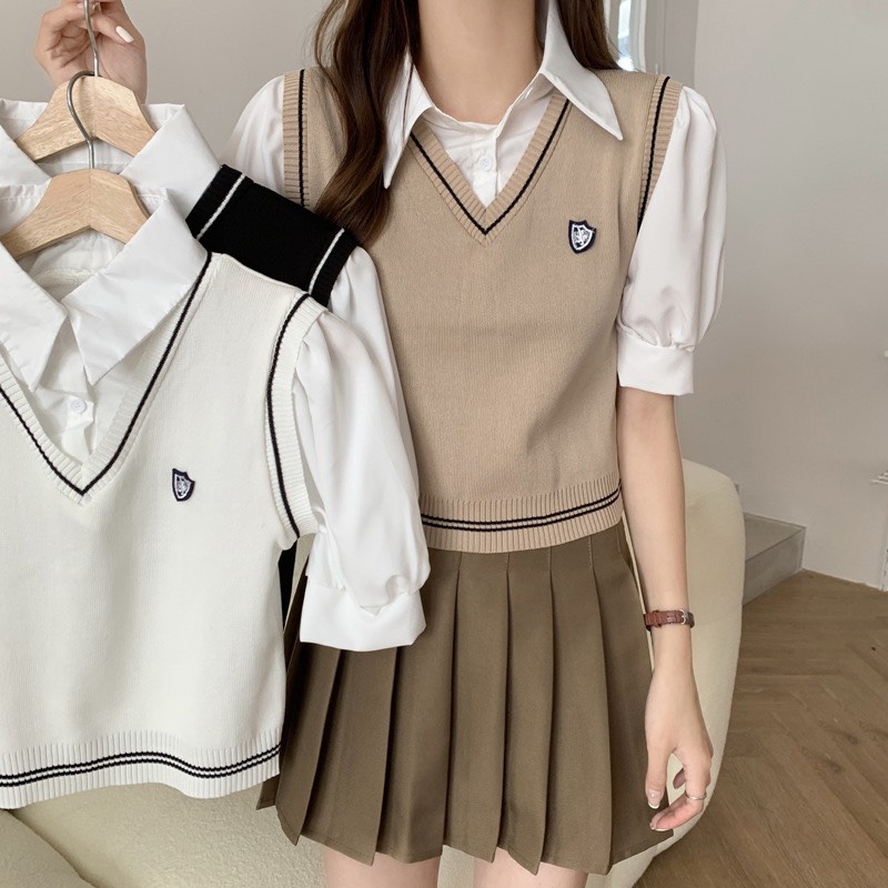 Áo len gile nữ học sinh kiểu dáng thể thao Hàn Quốc chất đẹp hàng Quảng Châu cao cấp