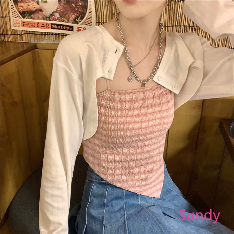 Bộ Áo Hai Dây Màu Trơn + Áo Tay Dài Lệch Tà Thời Trang Mùa Thu Quyến Rũ Cho Nữ