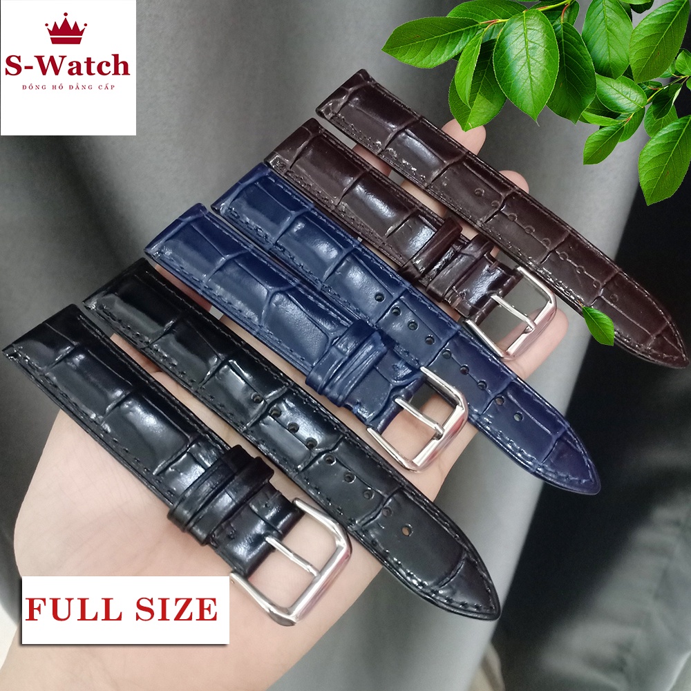[TẶNG CHỐT] Dây đồng hồ da bê KHÓA CÀI vân cá sấu bóng của Ý 3 màu full size 12/14/16/18/20/22mm
