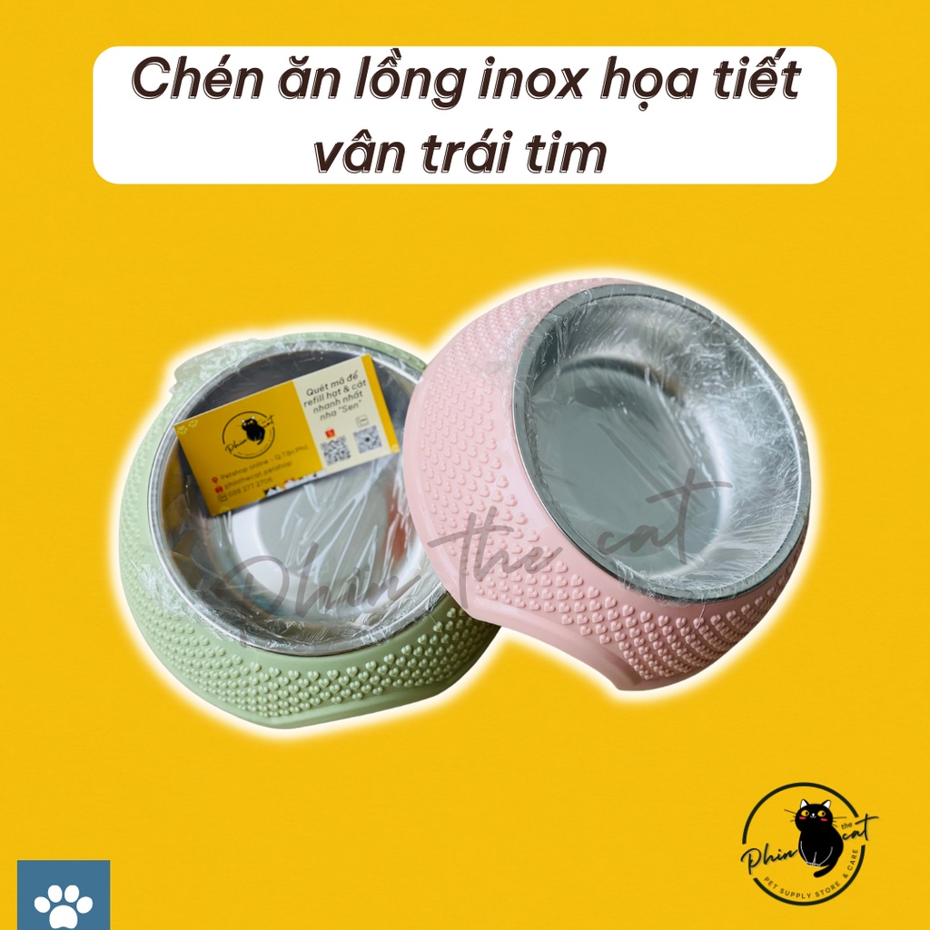 Chén (bát) ăn đơn Inox cao cấp vân trái tim cho chó mèo - Ảnh thật | phinthecat