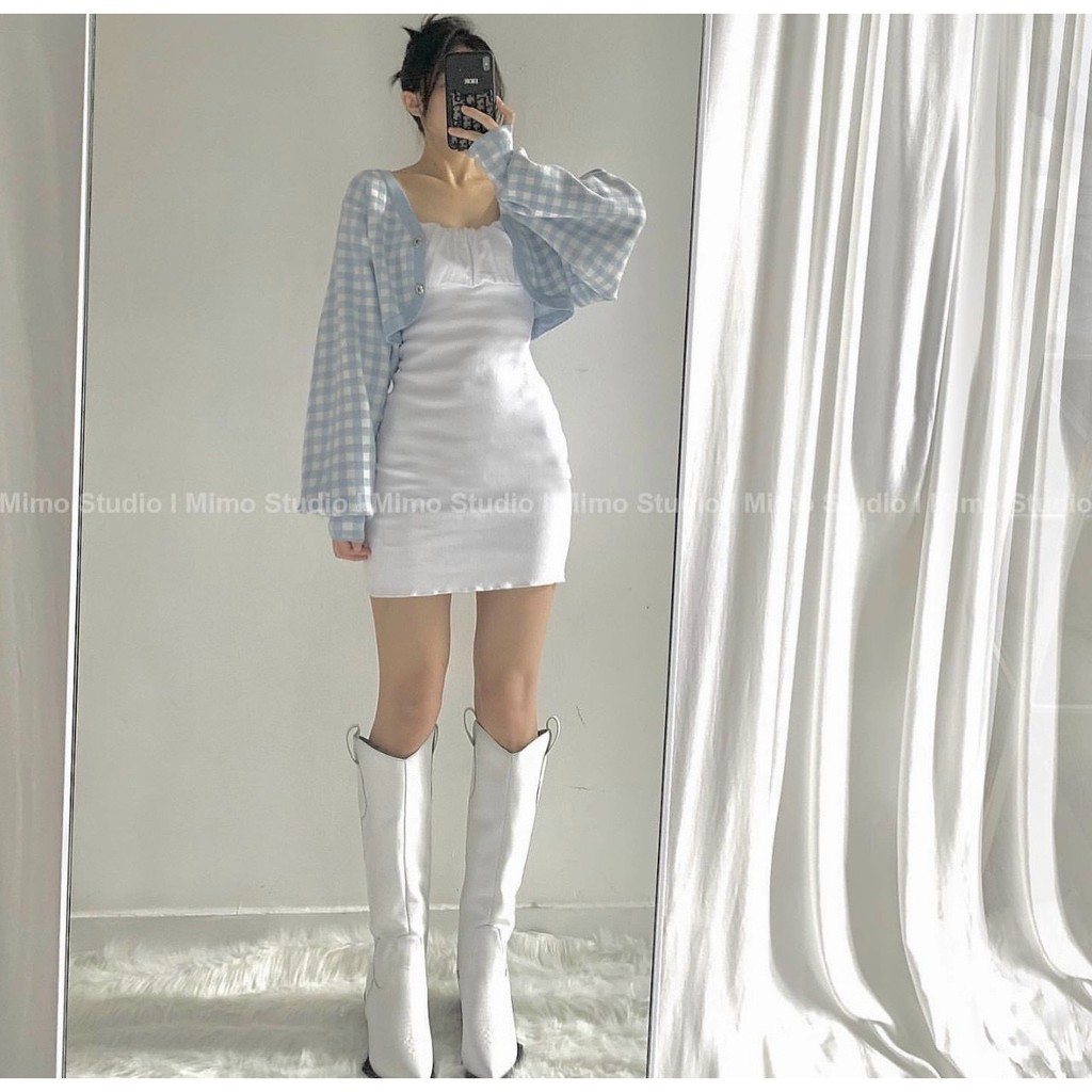 Set đầm 2 dây ôm body trắng áo khoác cardigan kẻ caro xanh dương S62 | BigBuy360 - bigbuy360.vn