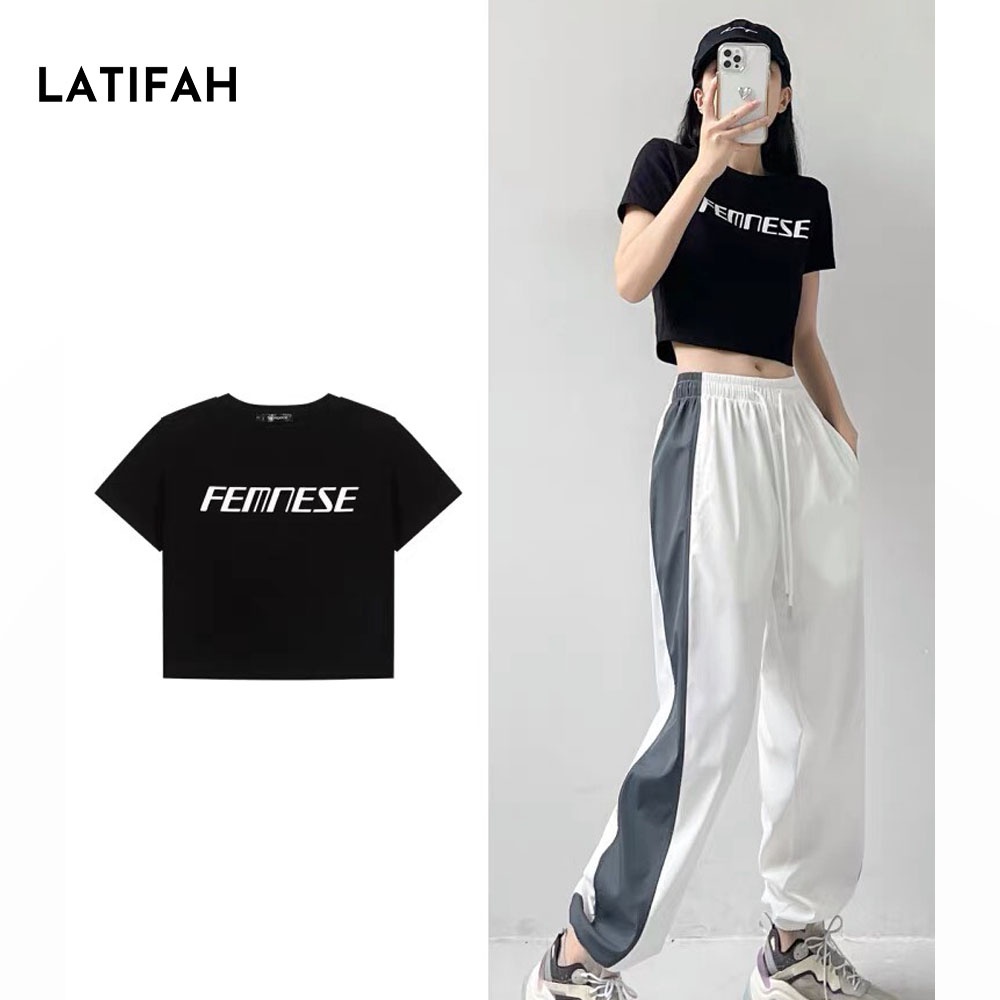 Áo thun croptop tay lỡ Latifah in chữ FEMNESE AT013 chất vãi dày dặn co giãn 4 chiều