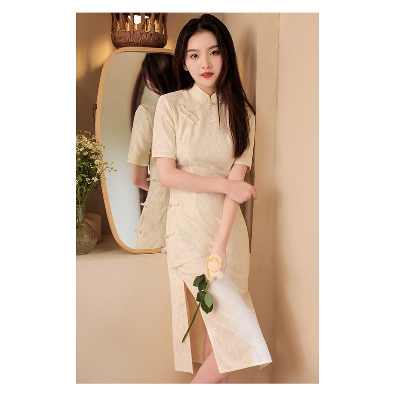 Đầm Sườn Xám Tay Ngắn Phối Ren Phong Cách Trung Hoa Quyến Rũ Size S-2XL