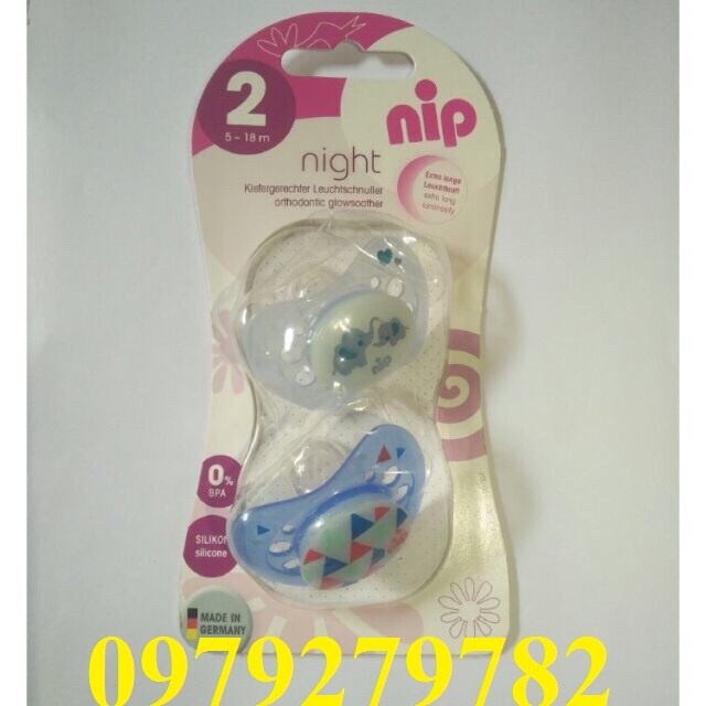 Ty ngậm sơ sinh Silicone phát sáng chính hãng NIP - NEWBORN NIGHT - Size 2 (05-18 Tháng), BỘ 2 CHIẾC