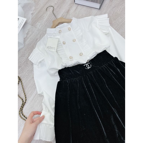 Chân váy công sở tặng áo sơ mi bèo, chân váy nhung đen xinh xắn.Set đồ nữ đẹp