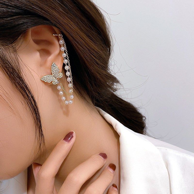 Khuyên Kẹp Vành Tai Không Đối Xứng Hình Bướm Đính Ngọc Trai Thời Trang Cho Nữ
