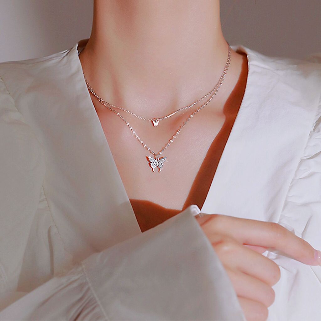 Vòng Cổ Choker Hai Lớp Mặt Hình Bướm Sang Trọng Đơn Giản Dành Cho Nữ
