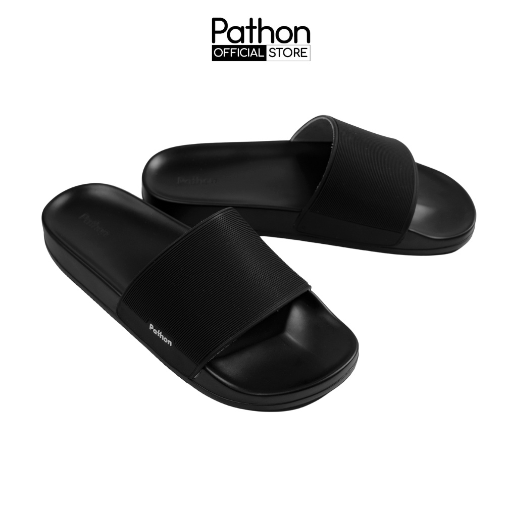 Dép nam nữ quai ngang slipper Pathon da PVC và đế PU đen quai đen SD23