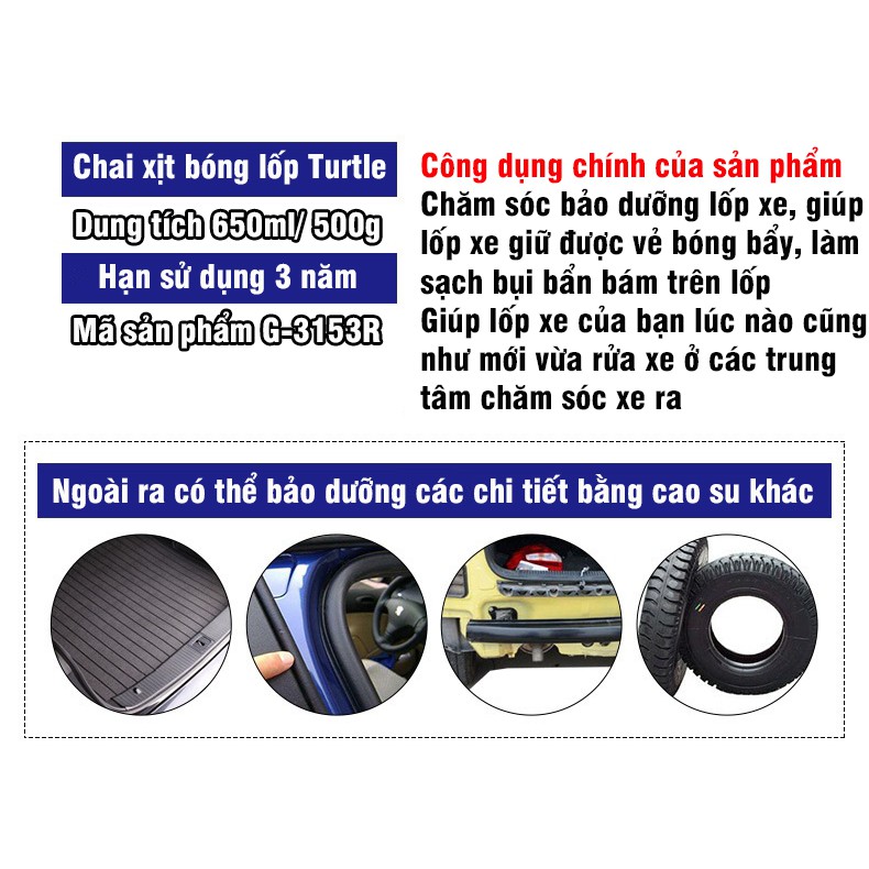 Bình Xịt Bóng Lốp Ô Tô Turtle Làm Mới Lốp Vệ Sinh Lốp Đen Bóng Lốp Ô Tô Xe Máy Hiệu Quả Dung Tích 650ml