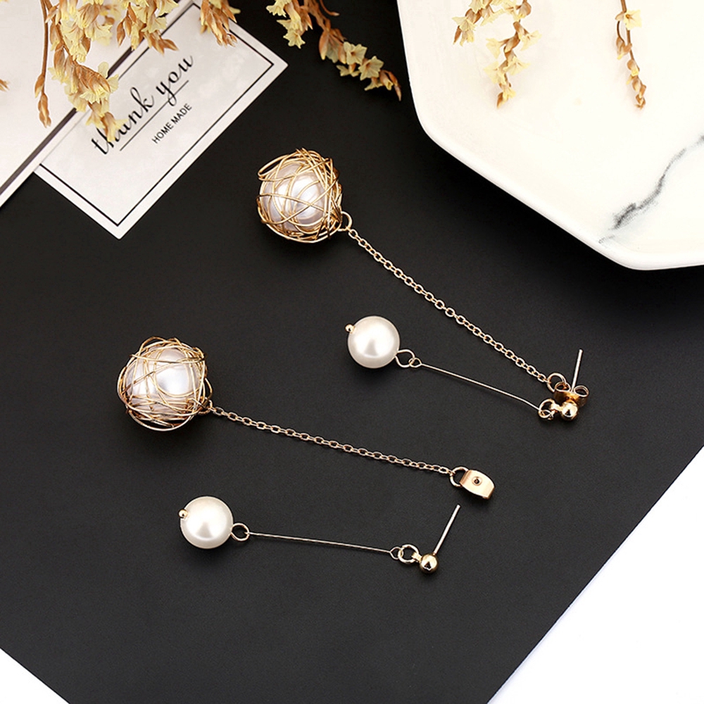 fashion Hollow Weaving Pearl pendant tassel dangle earring woman elegant charm party gold jewelry