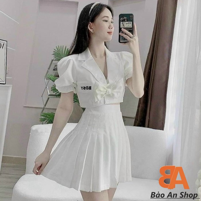 Áo sơ mi nữ chất vải Kate lụa phối nơ croptop