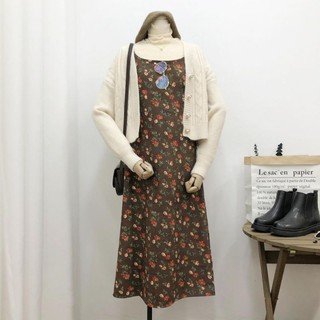 (Order) Váy hai dây dáng dài nhung tăm hoa nhí thiết kế có size phong cách vintage Hàn(ảnh thật)