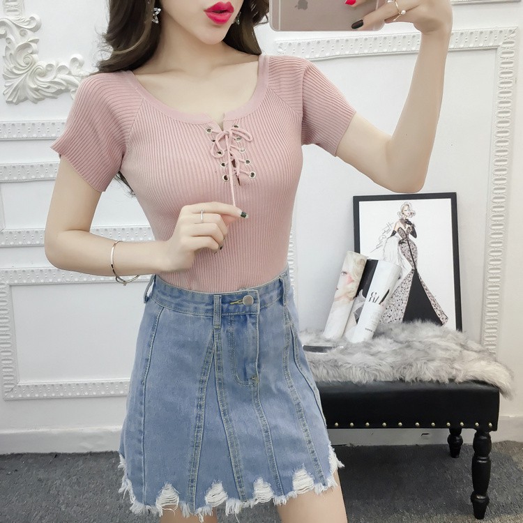 【NEW】Women Blouse Knitted T-Shirt Cross Tie Tshirt Blouse | BigBuy360 - bigbuy360.vn