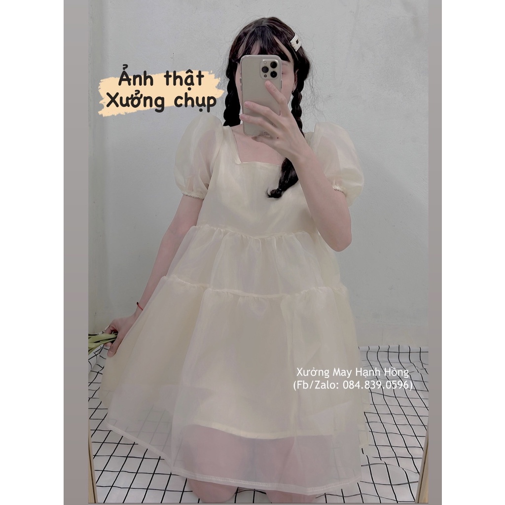 Váy babydoll voan tơ bồng 2 lớp hàng Quảng Châu, đầm cổ vuông tay bồng kèm ảnh thật