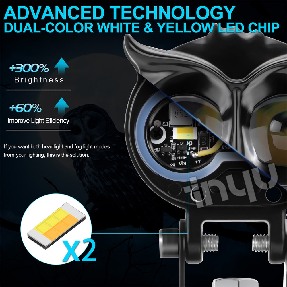 Đèn pha bên ngoài dành cho xe máy Đèn pha LED 2,5 inch với thấu kính Đèn lái xe màu vàng trắng Đèn pha kép màu cú 12V-90V cho xe đạp đường phố ATV
