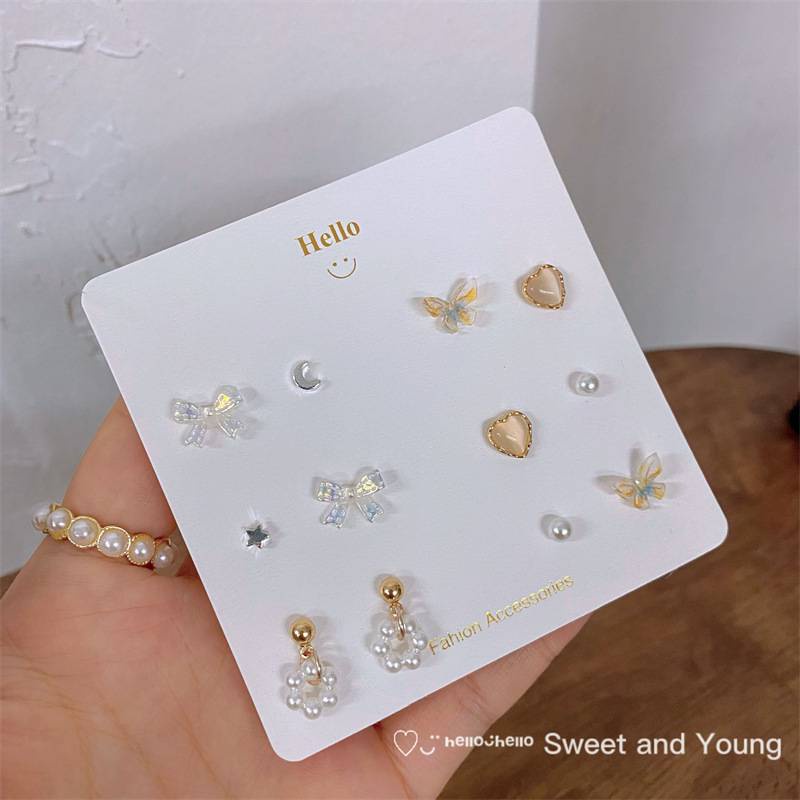 Set 6 đôi bông tai bạc S925 đính ngọc trai phong cách retro Hàn Quốc cho nữ