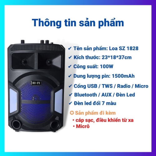 [Hàng Cao Cấp ] Loa Bluetooth Nghe Nhạc SZ1828 Công Suất Lớn Hát Karaoke Kết Nối USB Thẻ Nhớ Tặng kèm Micro