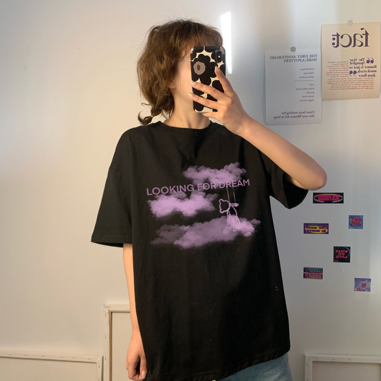 Áo Thun Nữ Ngắn Tay Dáng Dài In Hình Đám Mây Dễ Thương