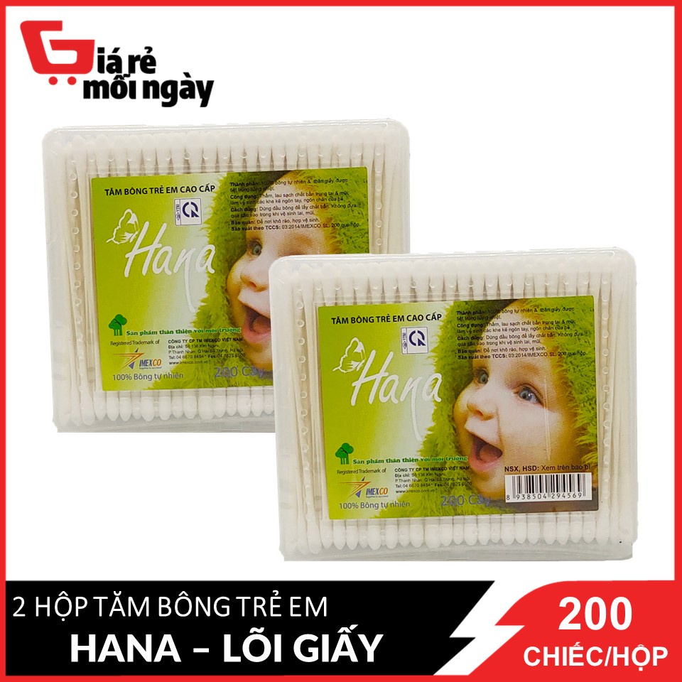 COMBO 2 Hộp Tăm bông Hana trẻ em hộp Chữ Nhật - 200c (lõi giấy)