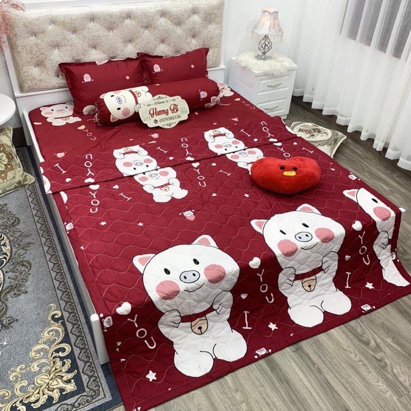 ⚡ RẺ NHẤT SHOPEE⚡ Set chăn ga gối Hè hình mèo đỏ