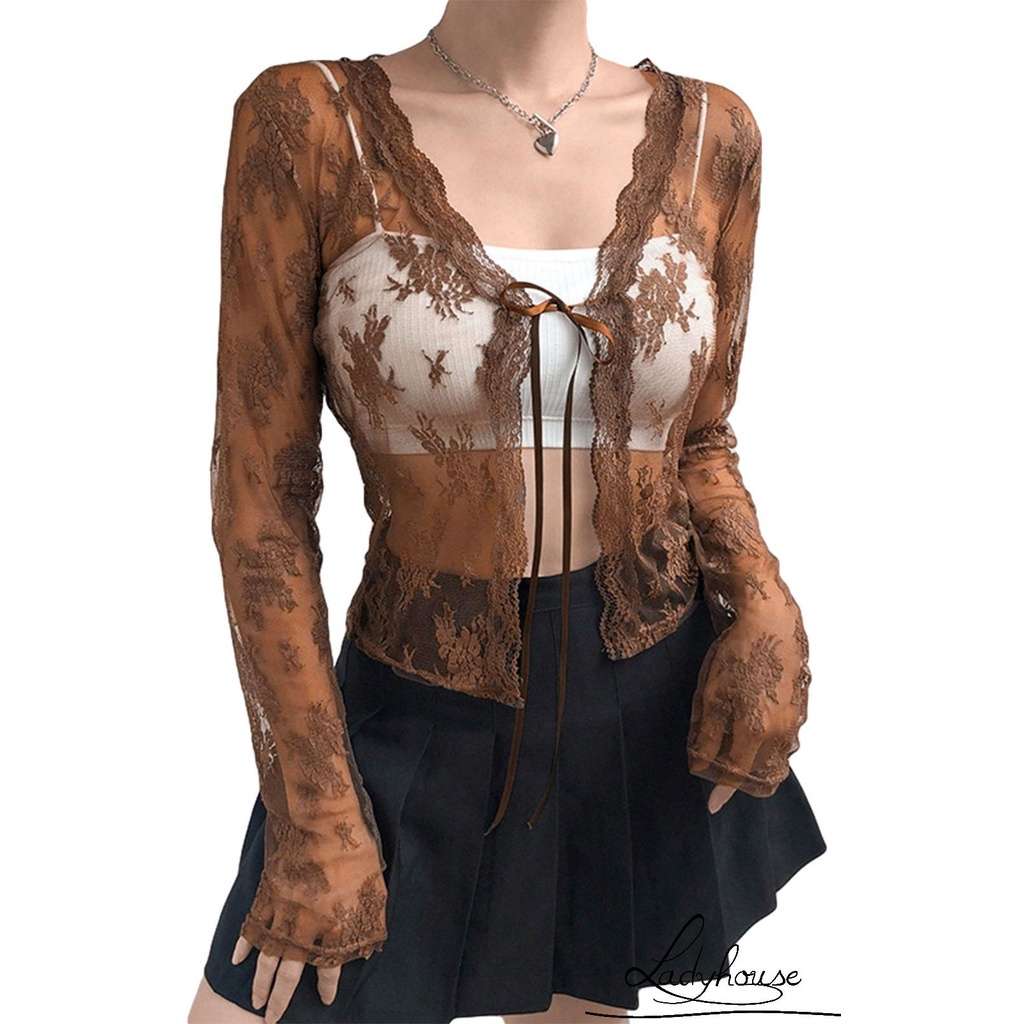 Áo khoác cardigan ren hoa xuyên thấu gợi cảm cho nữ