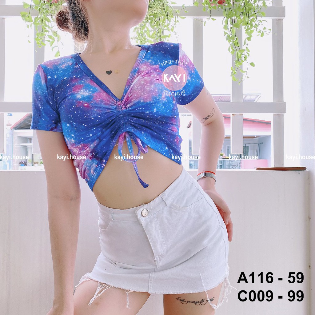 Áo croptop loag màu rút dây giữa A116